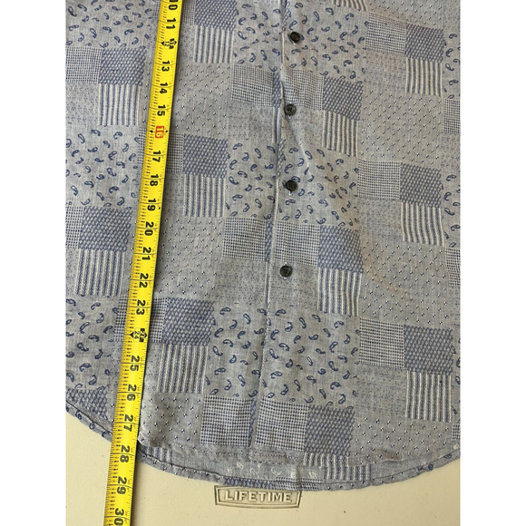 Linen Blend Boho Paisley Button Down Camp Shirt M Resort Patchwork Retro Blue - Picture 11 of 13